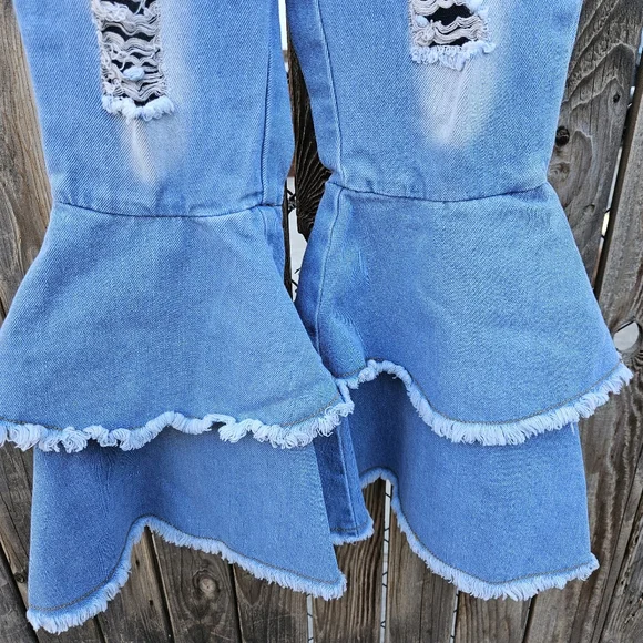 Girls Ruffle Flare Distressed Jeans - Blue 8Y - Picture 8 of 16